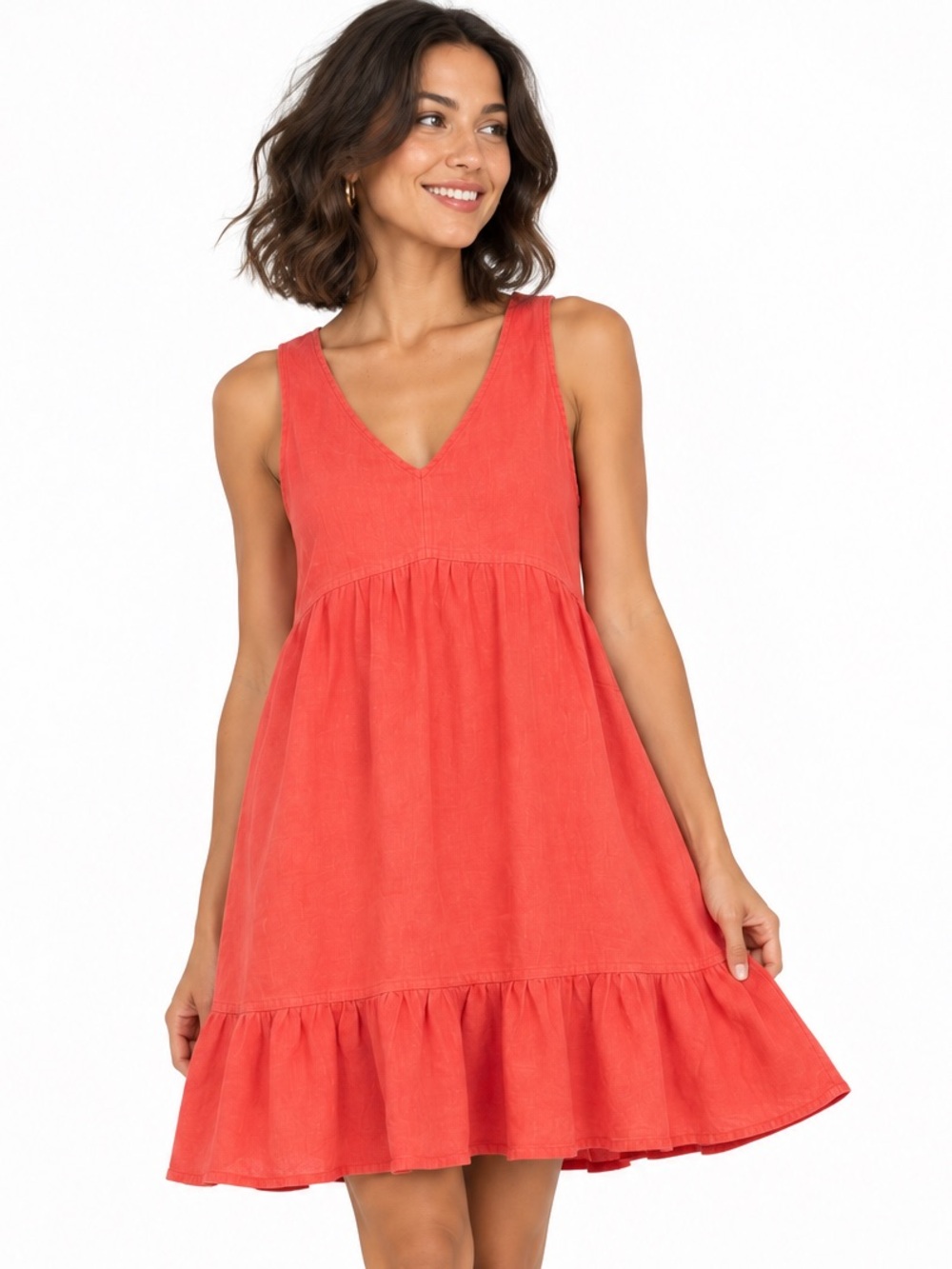 Cynthia Rowley 100% Linen Coral Tiered Ruffle Mini Dress Size S